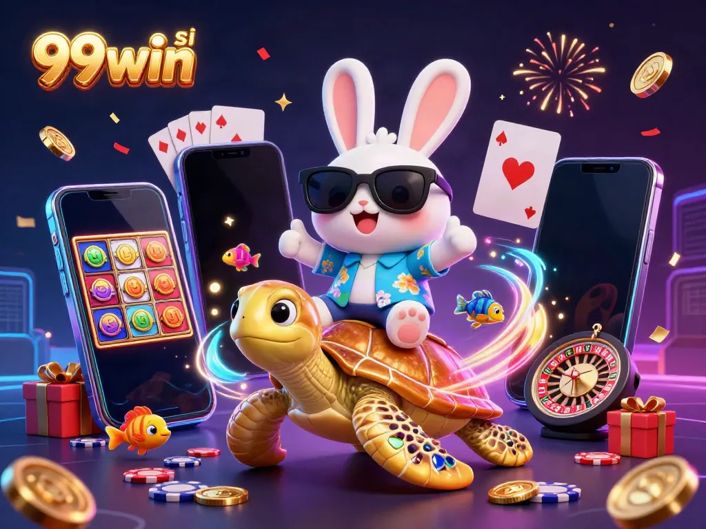 Experience joyful gaming at 99win si with a lucky rabbit and a golden sea turtle amidst action-packed casino elements.