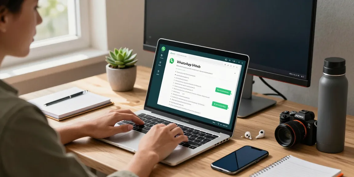 User engaging with WhatsApp電腦版 on a modern laptop in a bright home office setting.