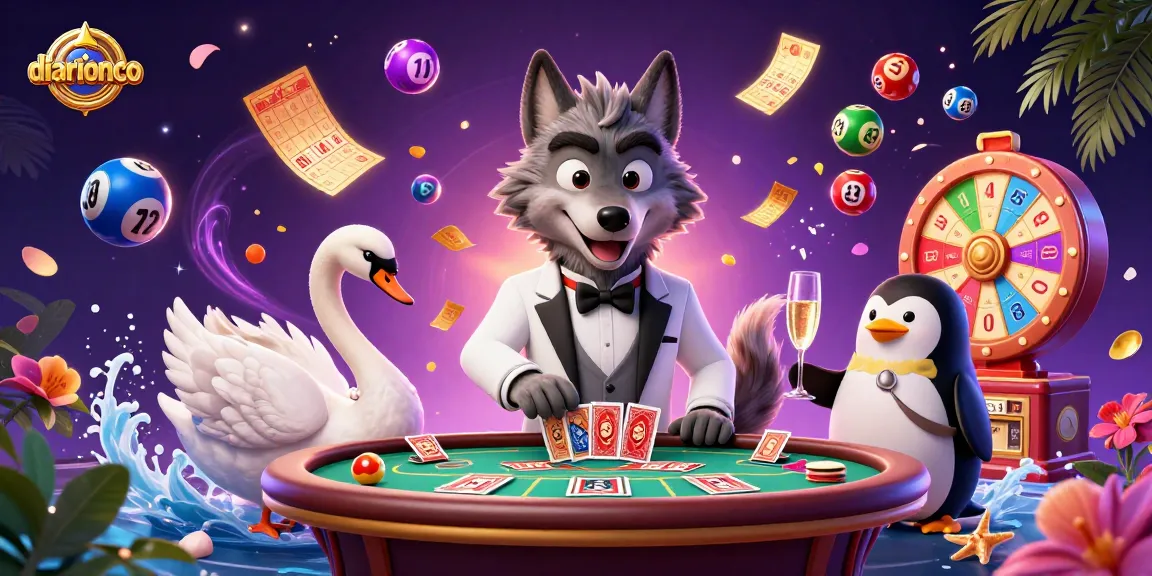 Experience the excitement of gaming at diarionco with a vibrant casino scene featuring a wolf, swan, and penguin.
