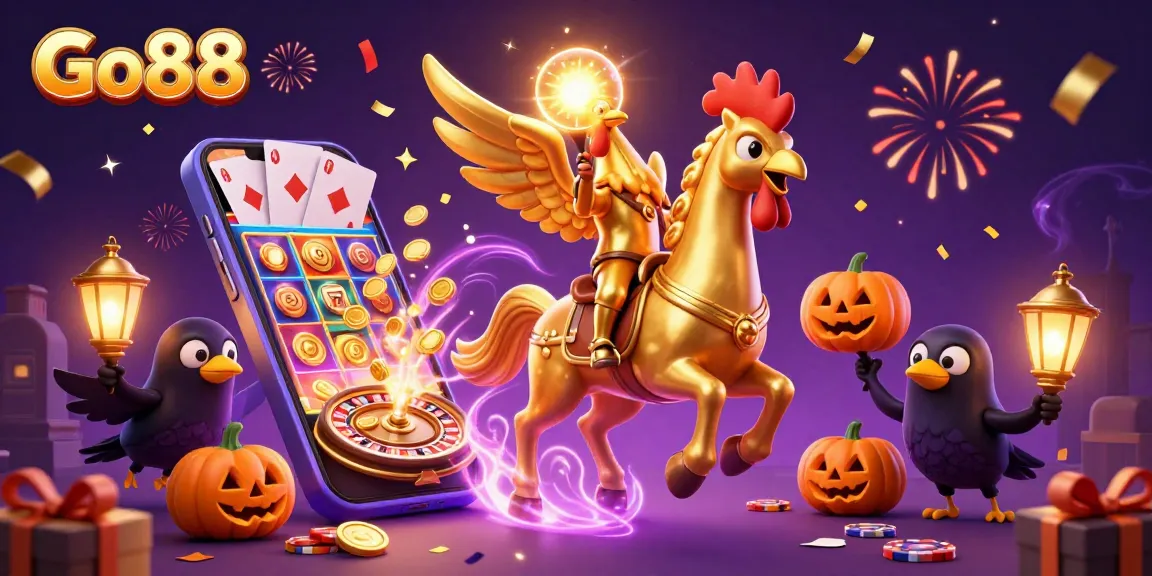 Win big at Go88 with a vibrant 3D illustration of a golden rooster with glowing head in a casino.