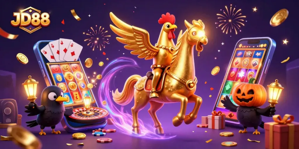 Engage in thrilling JD88 casino action with golden rooster characters and festive gaming elements.