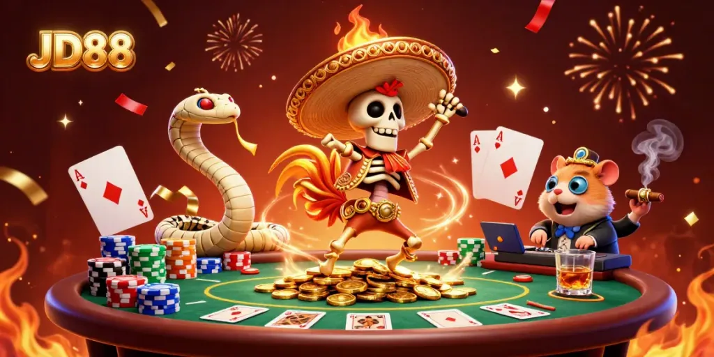 Engage with JD88's vibrant 3D casino scene featuring lively characters amidst poker elements and festive energy.