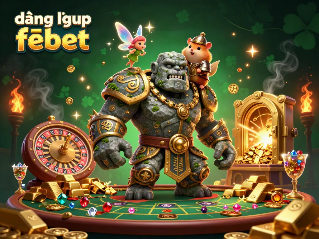Engage in thrilling gameplay with 登入 febet showcasing dynamic casino elements, including a roulette wheel and gleaming treasures.
