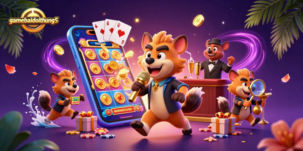 Experience the excitement of gamebaidoithuong5 with a vibrant casino scene featuring playful hyenas in action.