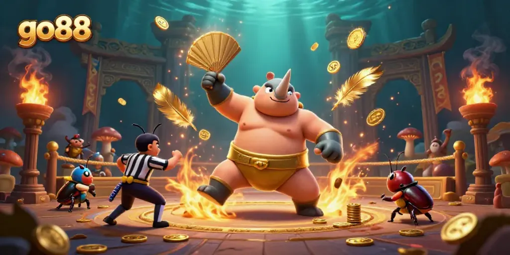 Experience the excitement of go88 with a dynamic 3D illustration featuring a sumo beetle champion amidst a thrilling game atmosphere.