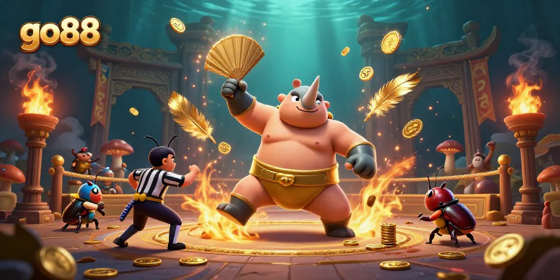 Experience the excitement of go88 with a dynamic 3D illustration featuring a sumo beetle champion amidst a thrilling game atmosphere.