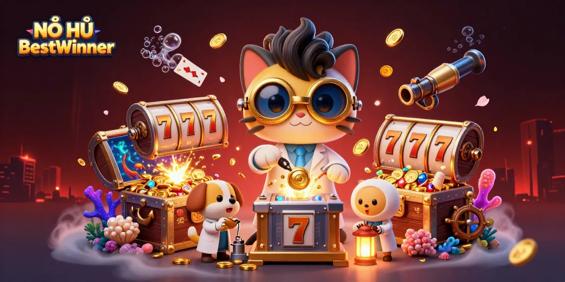 NỔ HŨ BestWinner showcases vibrant slots action with golden coins and characters in a rich, engaging scene.