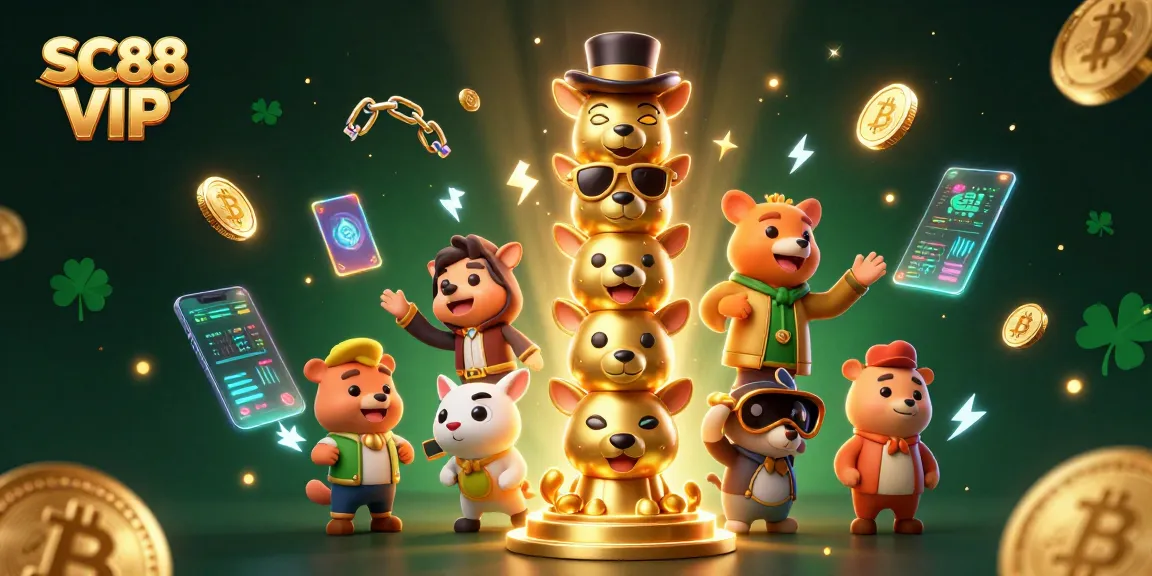 Engage with SC88 VIP in this vibrant casino scene packed with colorful animations and crypto elements.