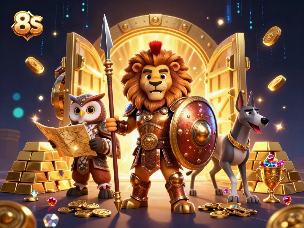 Spin the reels with 8S, featuring a lion warrior and jewels in an epic casino treasure scene.