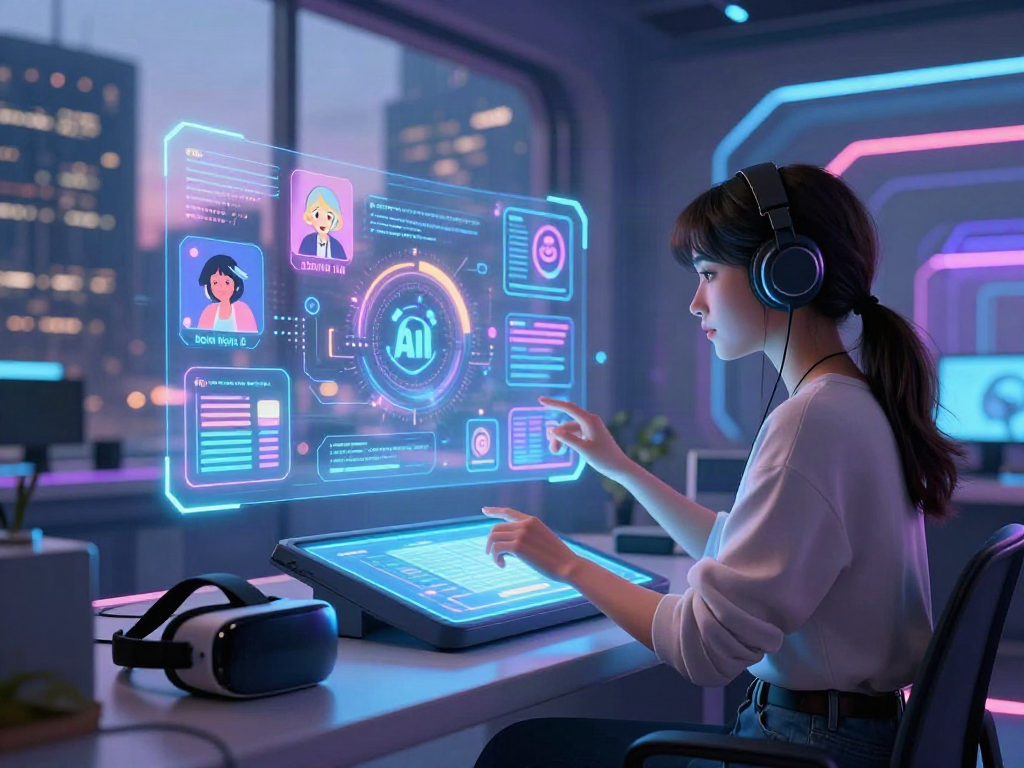 Character using nsfw AI interface in a futuristic workspace with holographic displays and vibrant city skyline.