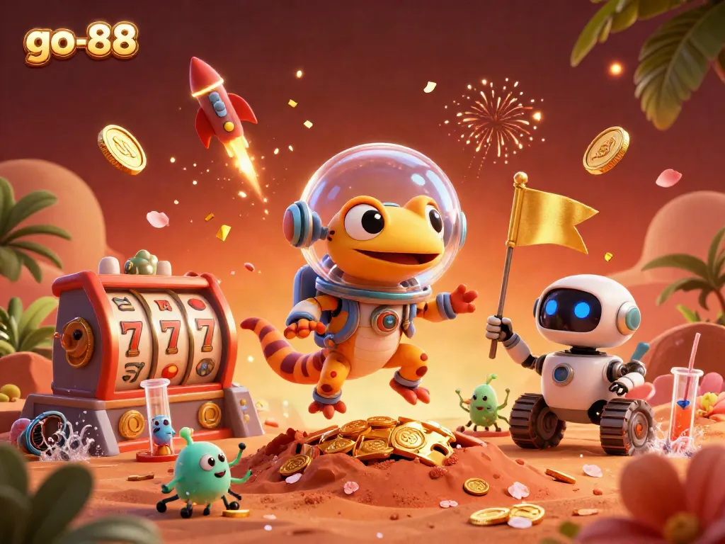 Experience thrilling gameplay at go-88 with a vibrant Martian casino scene featuring lucky 7s and jade coins.