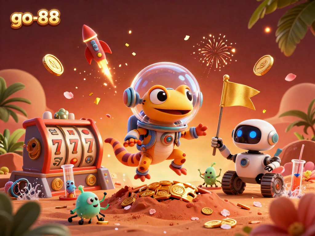 Experience thrilling gameplay at go-88 with a vibrant Martian casino scene featuring lucky 7s and jade coins.