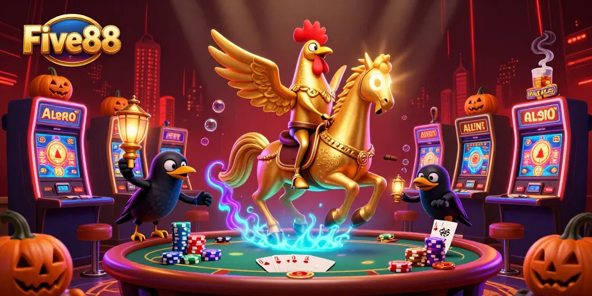 Engage in vibrant casino action with the Five88 golden rooster, spectral horse, and pumpkin-headed crows.