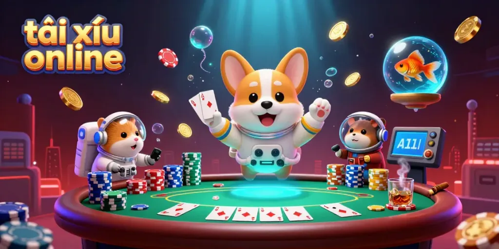 Experience exciting tài xỉu online action with a floating corgi and casino elements in space.