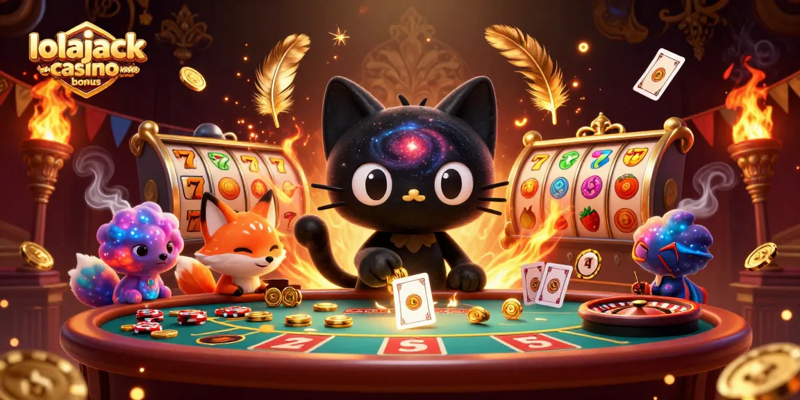 Experience the lolajack casino welcome bonus with vibrant slots and dynamic gaming elements in this colourful 3D scene.
