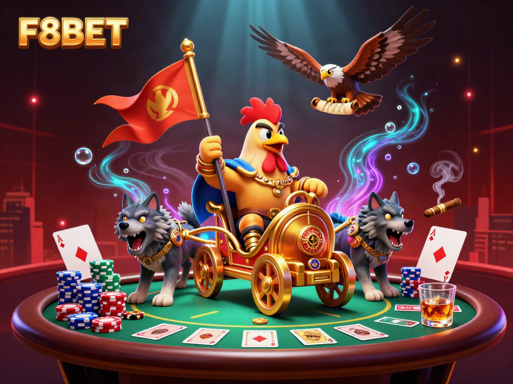 Engage in thrilling poker action with F8BET's vibrant 3D casino illustration showcasing dynamic gaming elements.