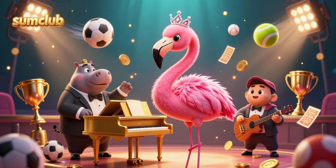 Experience the excitement of sumclub with a vibrant casino scene featuring singing flamingos and energetic sports elements.