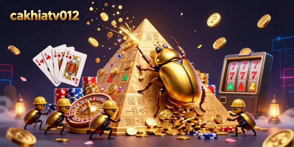 Experience thrilling gameplay with cakhiatv012 as golden beetles roll coins towards vibrant pyramids in a dynamic casino scene.