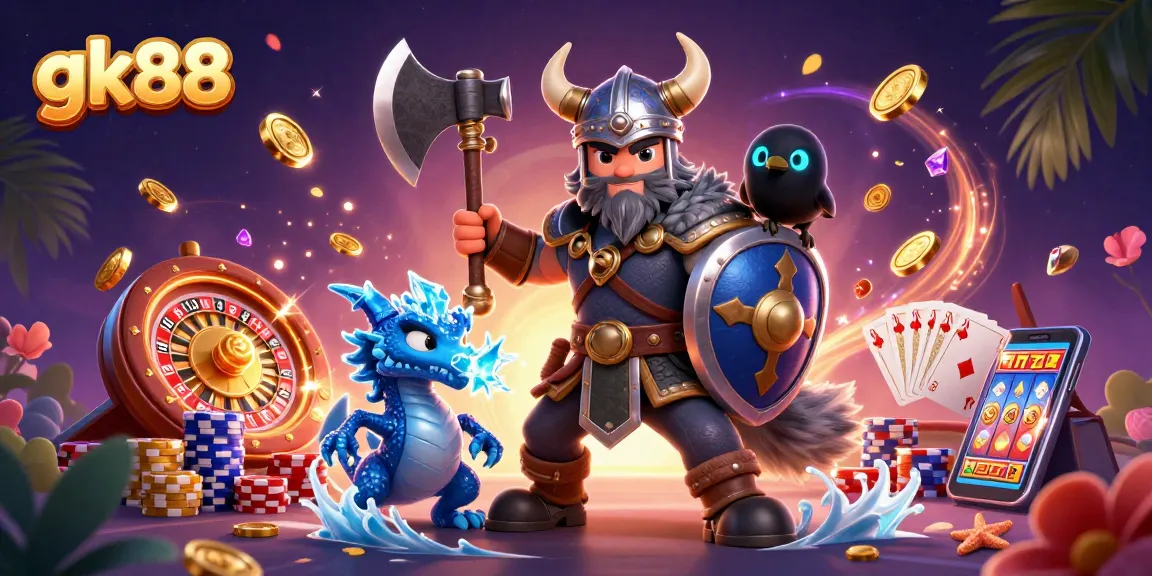 Experience excitement with gk88 as a Viking wolf warrior battles alongside a fierce dragon in a vibrant casino scene.