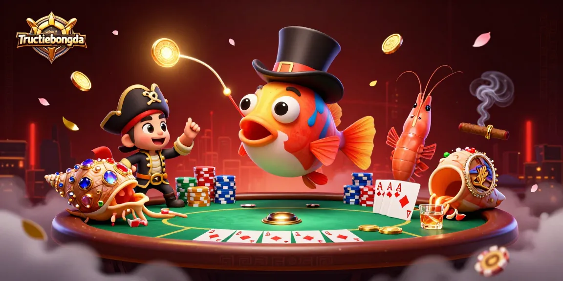 Playing poker with Tructiepbongda in a vibrant underwater scene with colorful characters and casino details