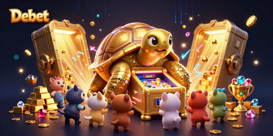 Experience the thrill at Debet's casino with vibrant 3D visuals of golden tortoises and treasures.