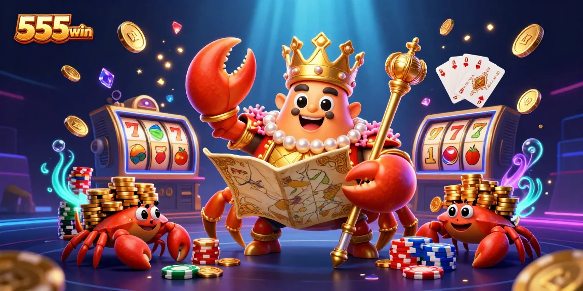 Experience the excitement of 555win slots with golden crab emperor, vibrant poker chips, and sparkling gems.