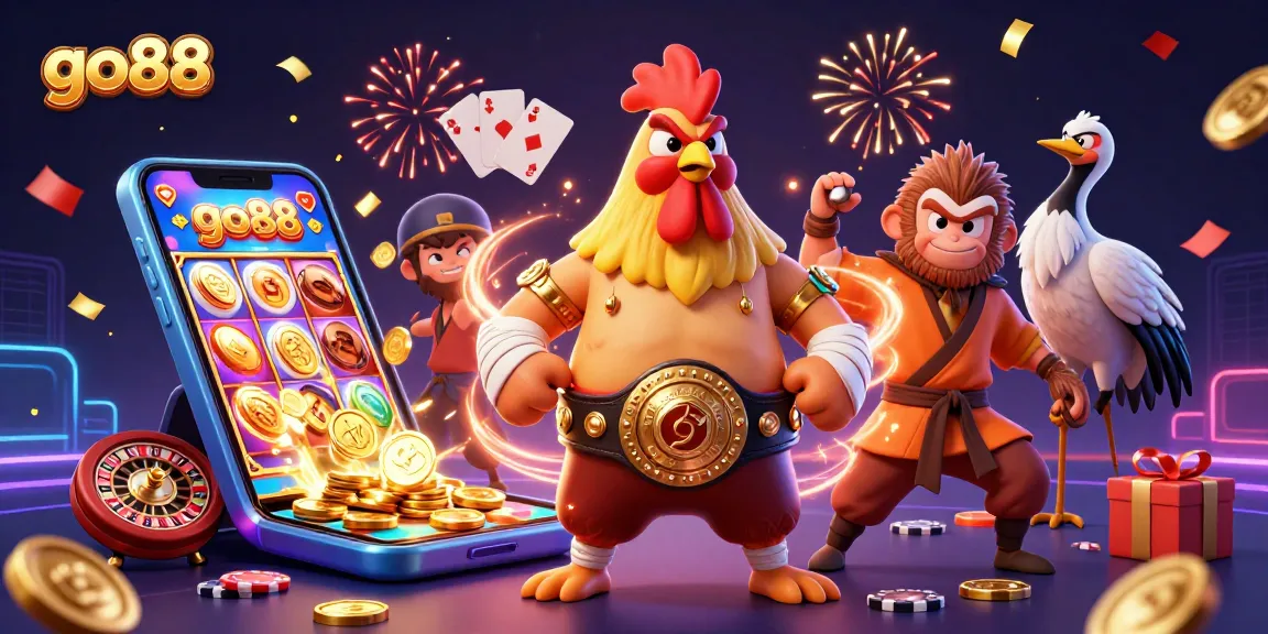 Experience the action with go88's exciting gaming environment featuring colorful characters and vibrant casino elements.
