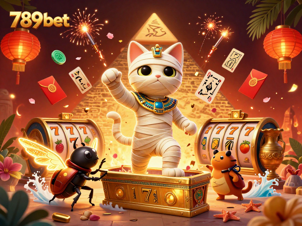 Engage with the thrilling world of 789 bet in this vibrant casino scene featuring a mummy cat and a scarab.