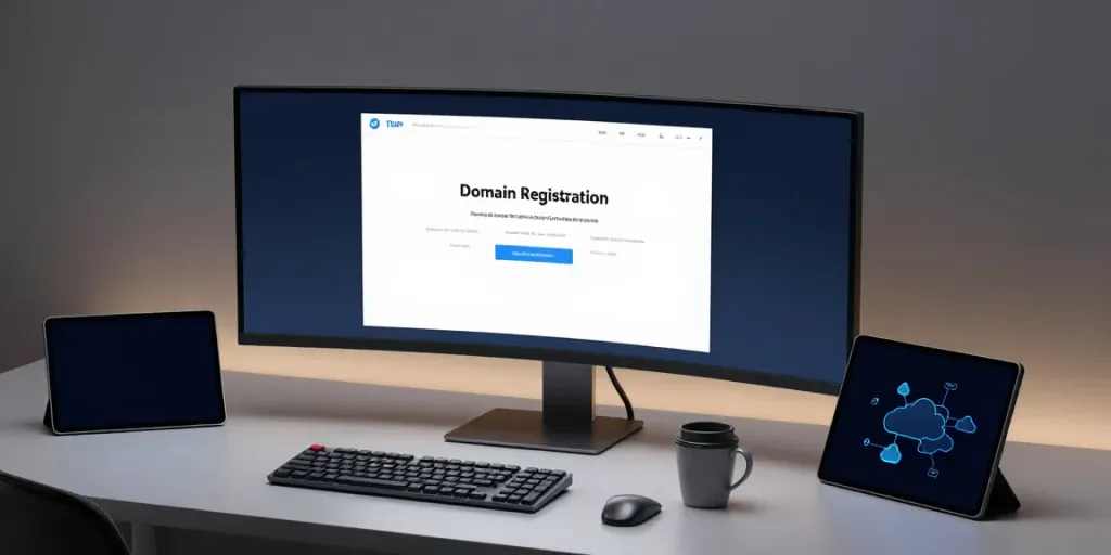.co.uk domain registration interface on a modern workspace setup with technology gadgets.