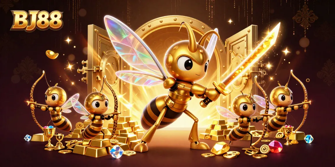 BJ88 showcases an engaging casino scene with dynamic 3D characters and vibrant treasure elements.