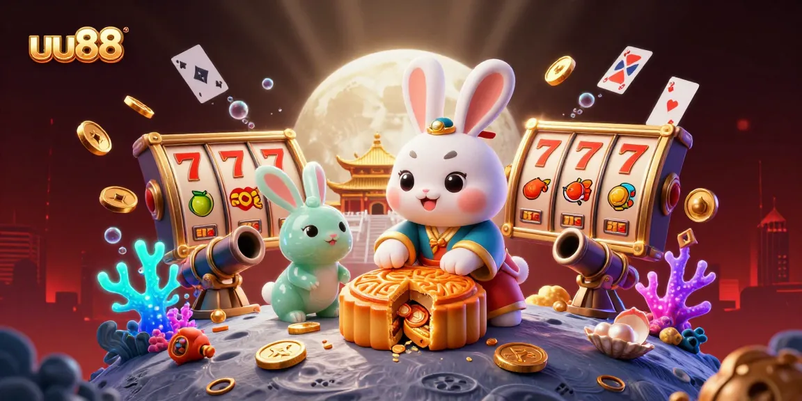 Experience the thrill of uu88 with a moon rabbit busting open mooncakes, revealing poker chips in a vibrant casino scene.