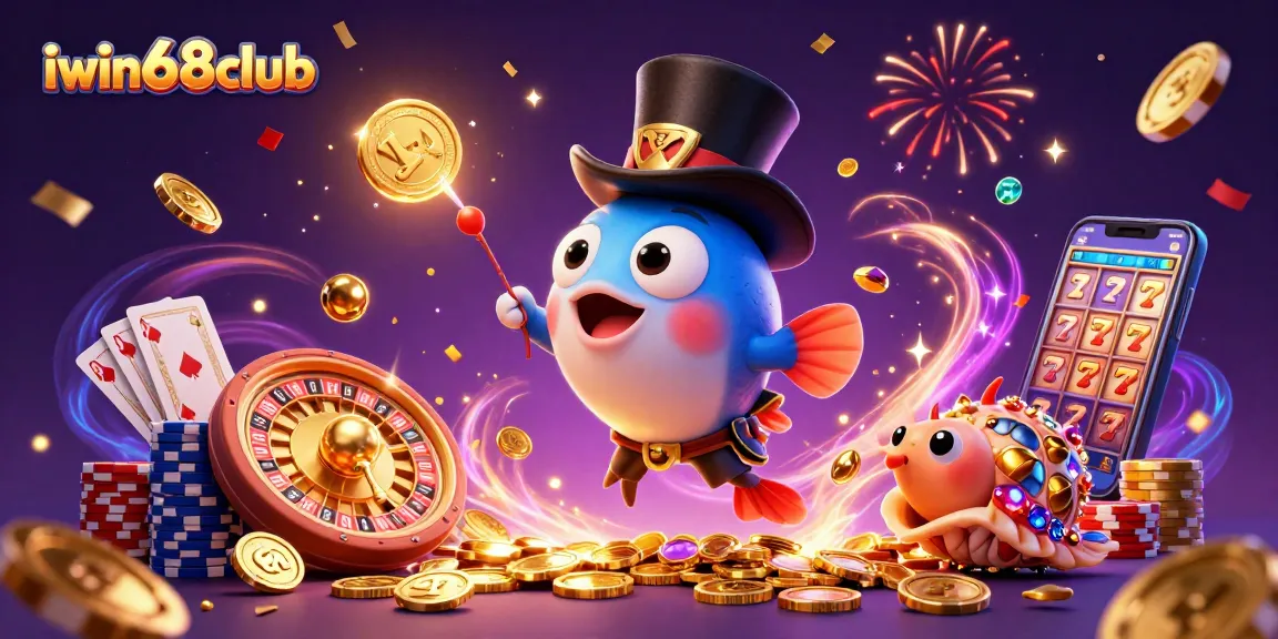 Experience the thrill of iwin68club with a vibrant 3D scene filled with exciting casino elements and characters.