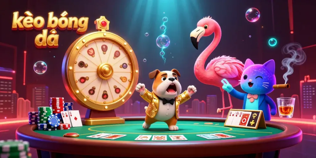 Engage with kèo bóng đá's vibrant scene featuring a flamboyant flamingo host, excited bulldog contestant, and a scoreboard cat assistant, immersed in dynamic gambling elements.