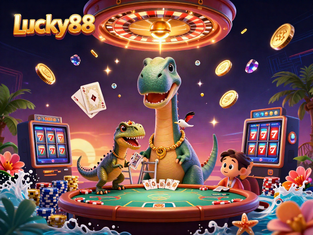 Experience the excitement of Lucky88 with this vibrant 3D illustration featuring a brontosaurus and raptor in a bustling casino scene.