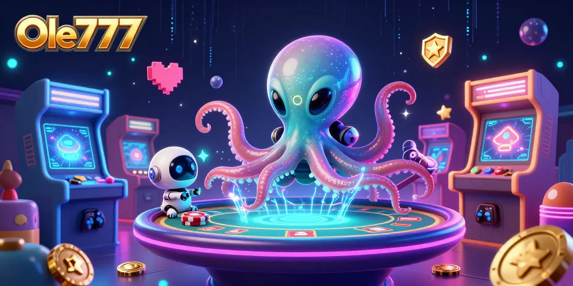 Experience the thrill of Ole777 with an alien octopus at a holographic poker table amidst vibrant casino elements.
