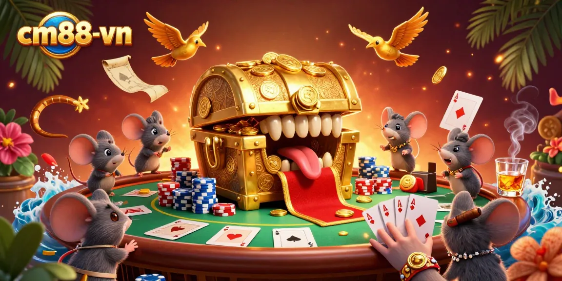 Engage with cm88-vn's exciting gaming experience, featuring a vibrant scene of a treasure chest and poker elements.