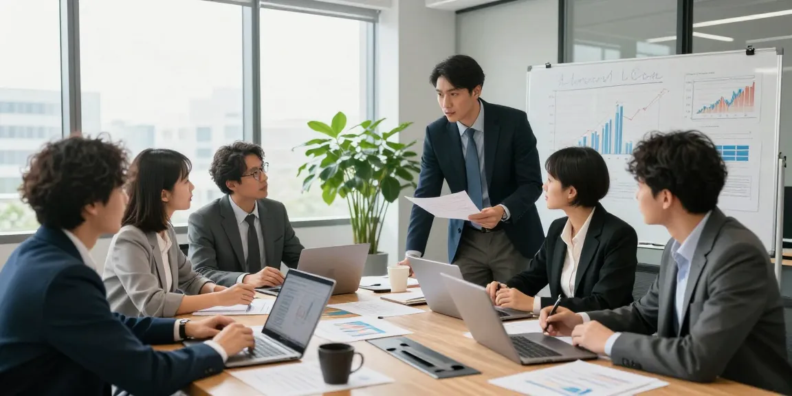 iwoca merchant cash advance meeting scene, professionals discussing financial strategies in modern office