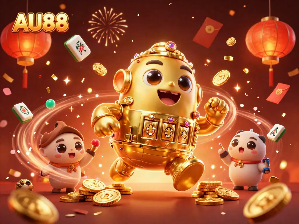 Engage with stunning 3D AU88 illustration featuring a golden golem and ornate gambling elements.