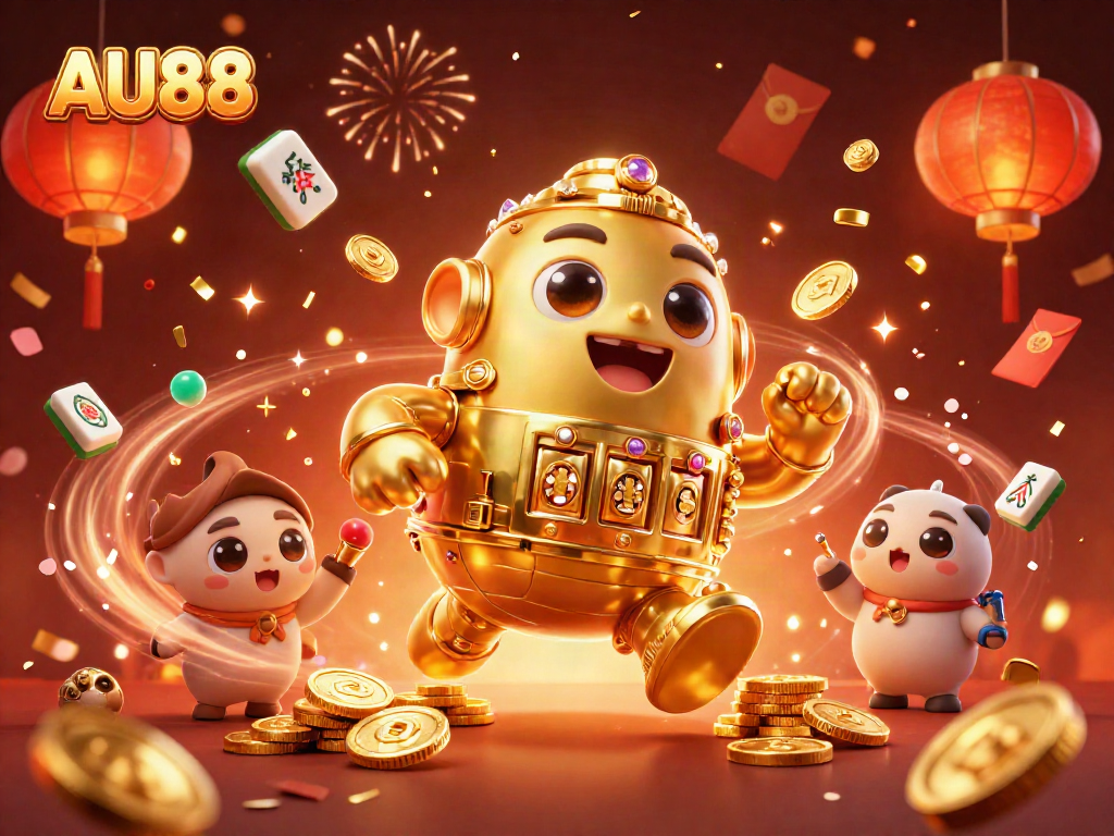 Engage with stunning 3D AU88 illustration featuring a golden golem and ornate gambling elements.