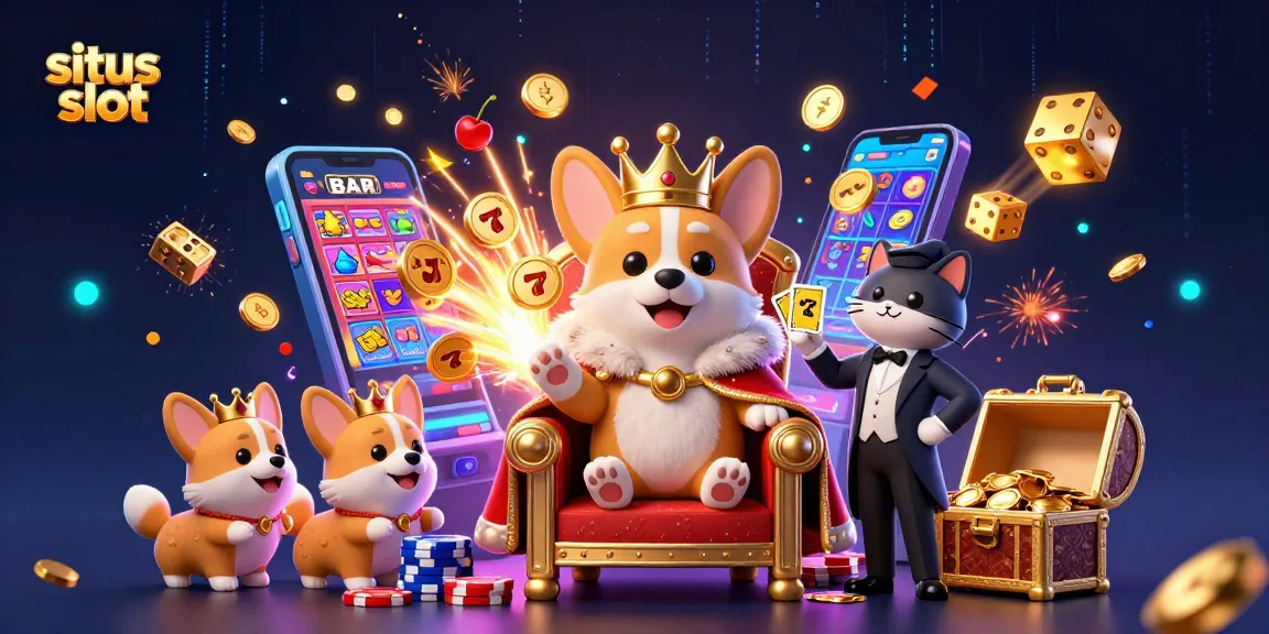 Win big with situs slot in this vibrant 3D casino scene featuring royal corgi and thrilling slot elements!