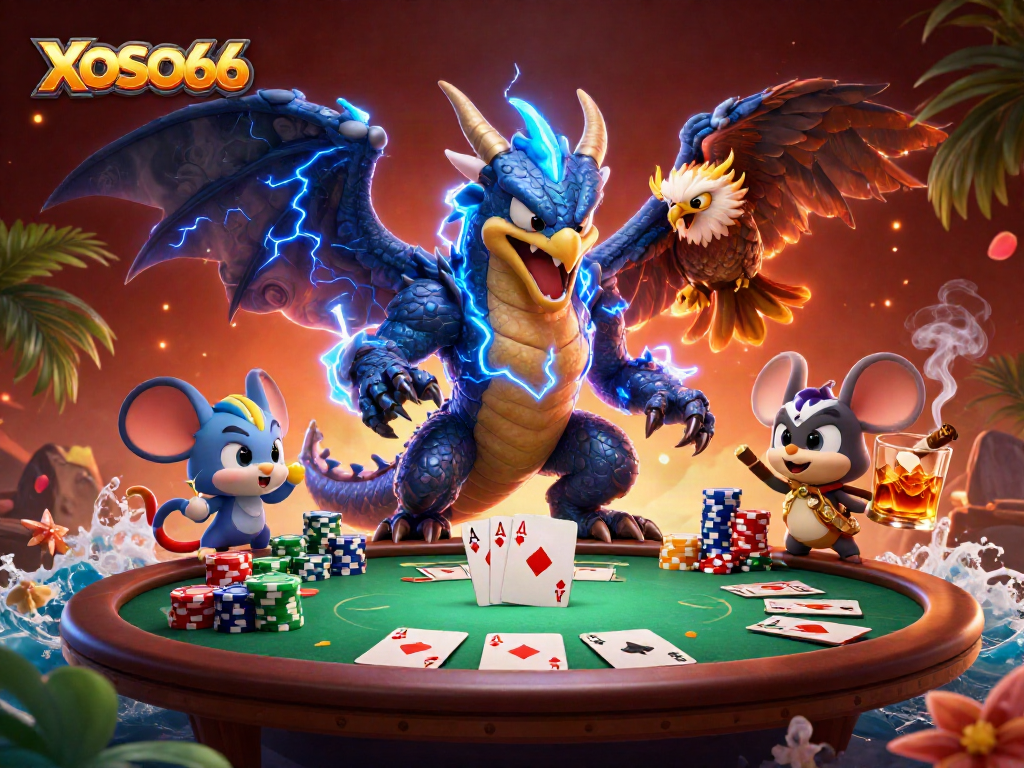 XOSO66 showcases a thrilling poker scene with animated characters amidst vibrant gaming elements