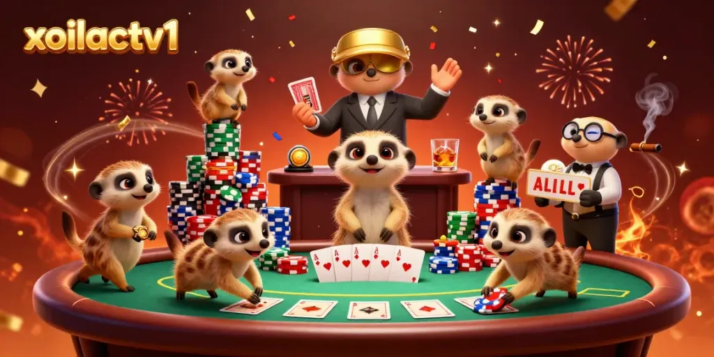 Xoilactv1 casino scene with meerkats in action, showcasing gambling excitement and colorful poker elements.
