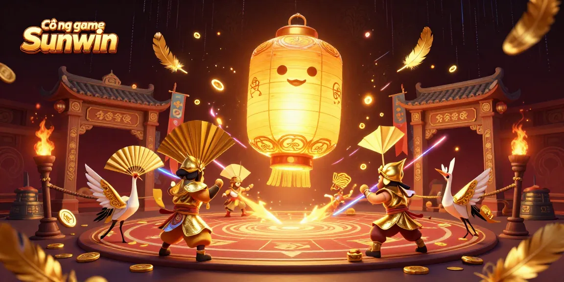 Cổng game Sunwin offers thrilling gaming with a glowing lantern spirit and golden warriors in a rich casino scene.