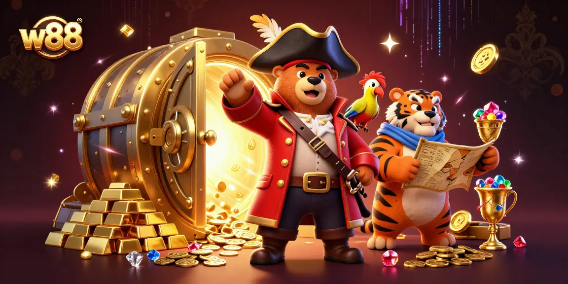 Join the adventurous w88 pirate captain bear and fearless tiger as they explore the treasure-filled casino world.