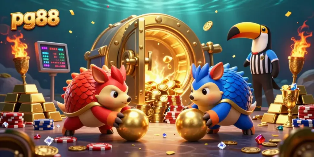 Spin the reels at pg88 with rival pangolins bowling through golden poker chips, creating a vibrant casino scene.