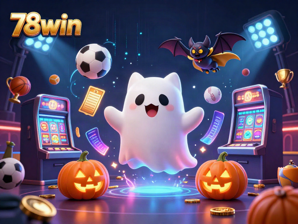 Activate your luck at 78win with a ghost cat and a dynamic casino scene filled with colorful gambling elements.