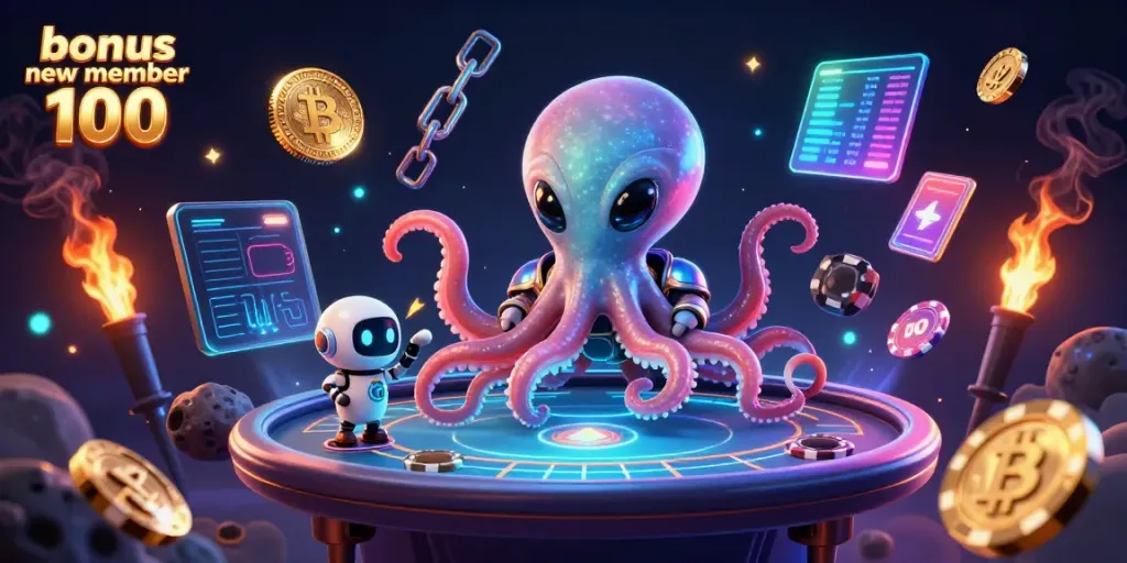 Experience thrilling gaming with bonus new member 100 as an alien octopus and a robot celebrate wins at a holographic poker table.