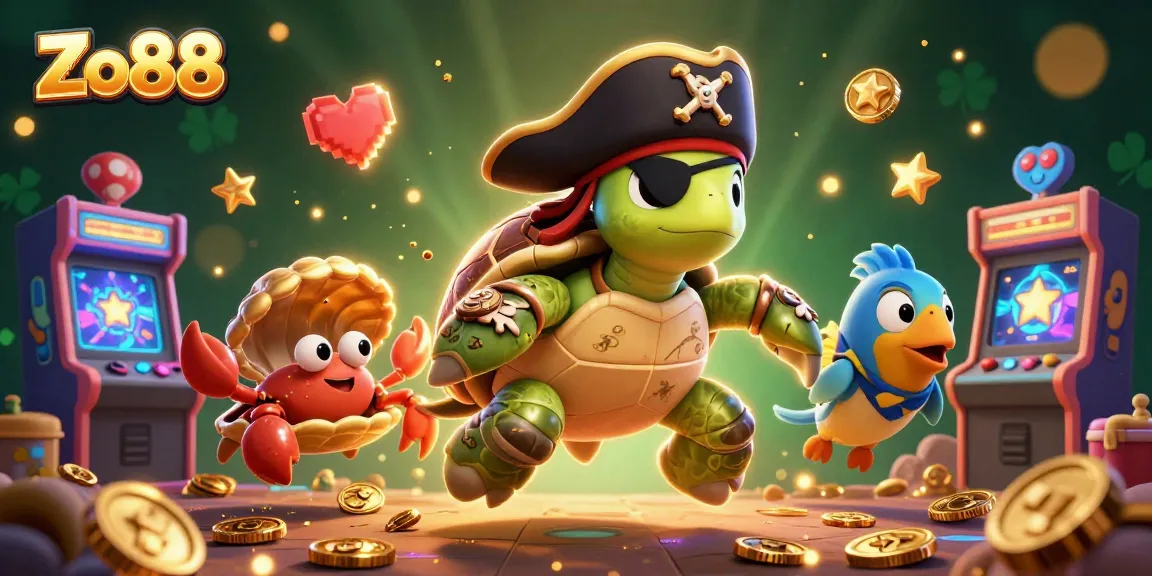 Experience excitement with Zo88 as a pirate turtle and friends discover treasures in vibrant casino-themed art.