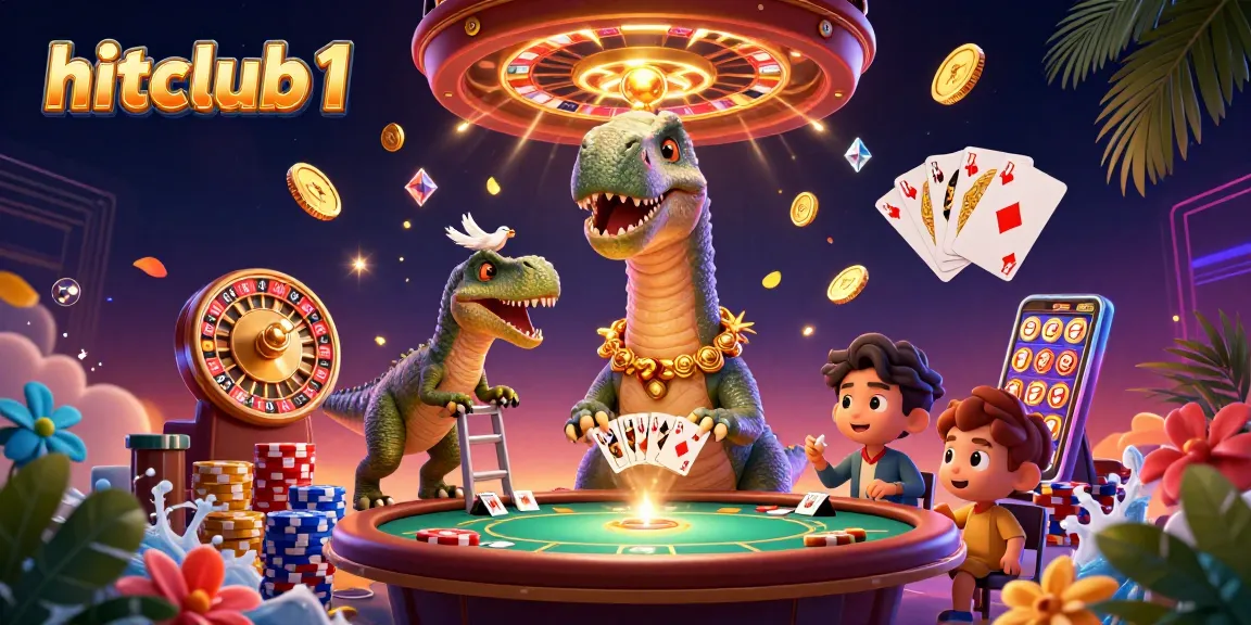 Experience the thrill at hitclub1 with a fun 3D dinosaur casino scene featuring vibrant poker action.