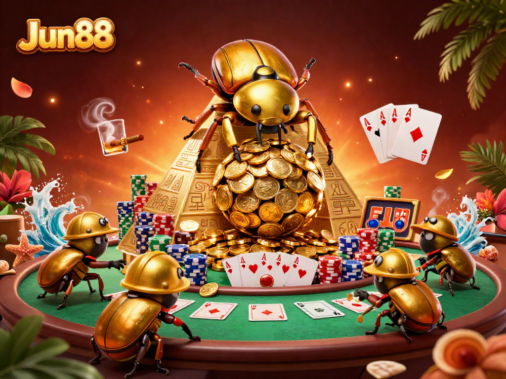 Experience thrill with Jun88 as cartoon beetles roll golden coins amidst poker chips and cards.